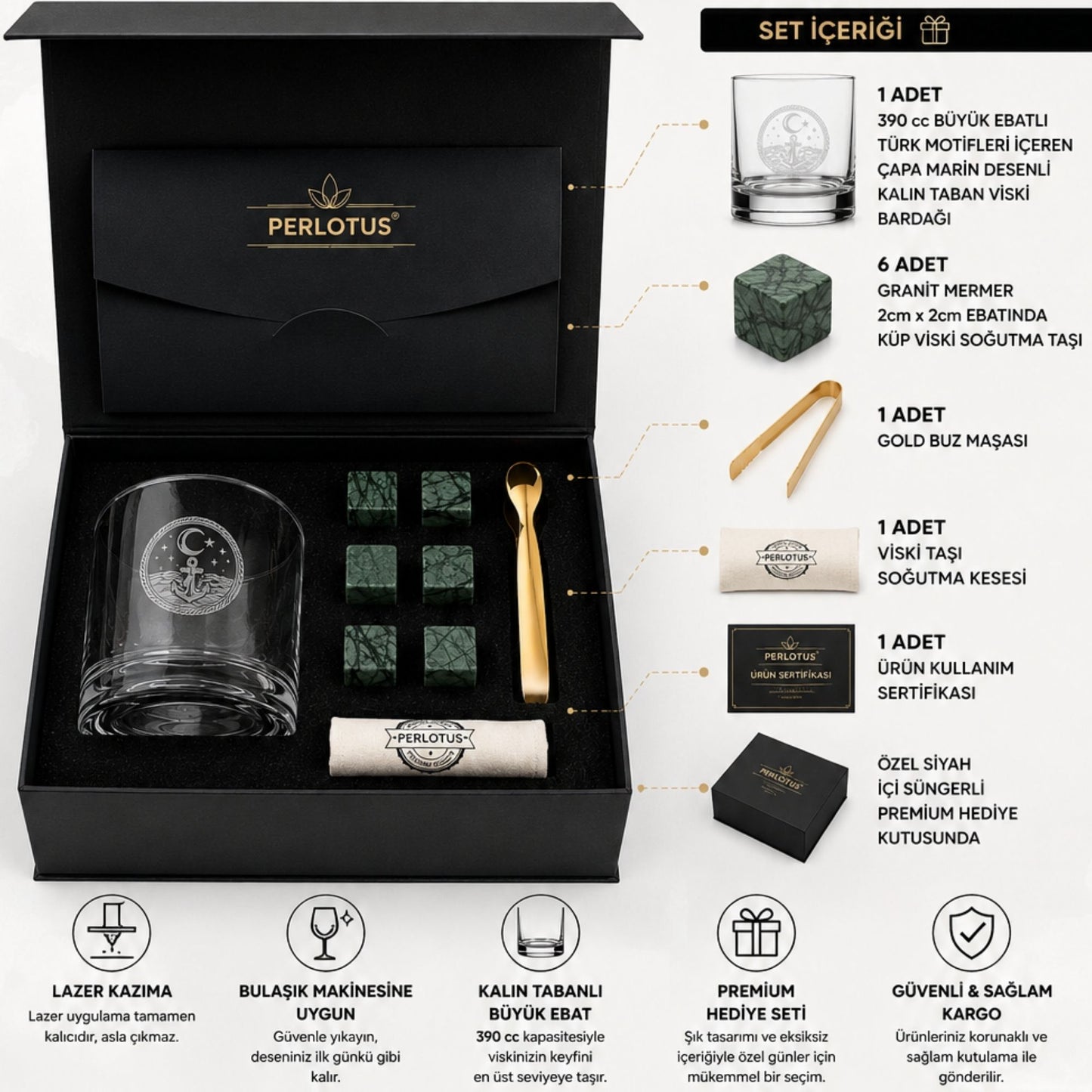 Perlotus Premium Viski Bardağı Hediye Seti 390 cc Marin Desenli Kalın Taban Bardak 6'lı Granit Viski Taşı