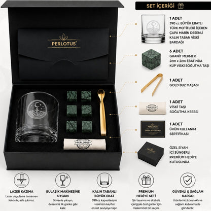 Perlotus Premium Viski Bardağı Hediye Seti 390 cc Marin Desenli Kalın Taban Bardak 6'lı Granit Viski Taşı