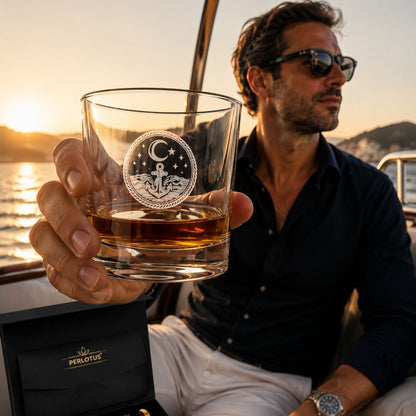 Perlotus Premium Viski Bardağı Hediye Seti 390 cc Marin Desenli Kalın Taban Bardak 6'lı Granit Viski Taşı