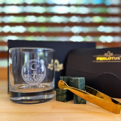 Perlotus Premium Viski Bardağı Hediye Seti 390 cc Marin Desenli Kalın Taban Bardak 6'lı Granit Viski Taşı