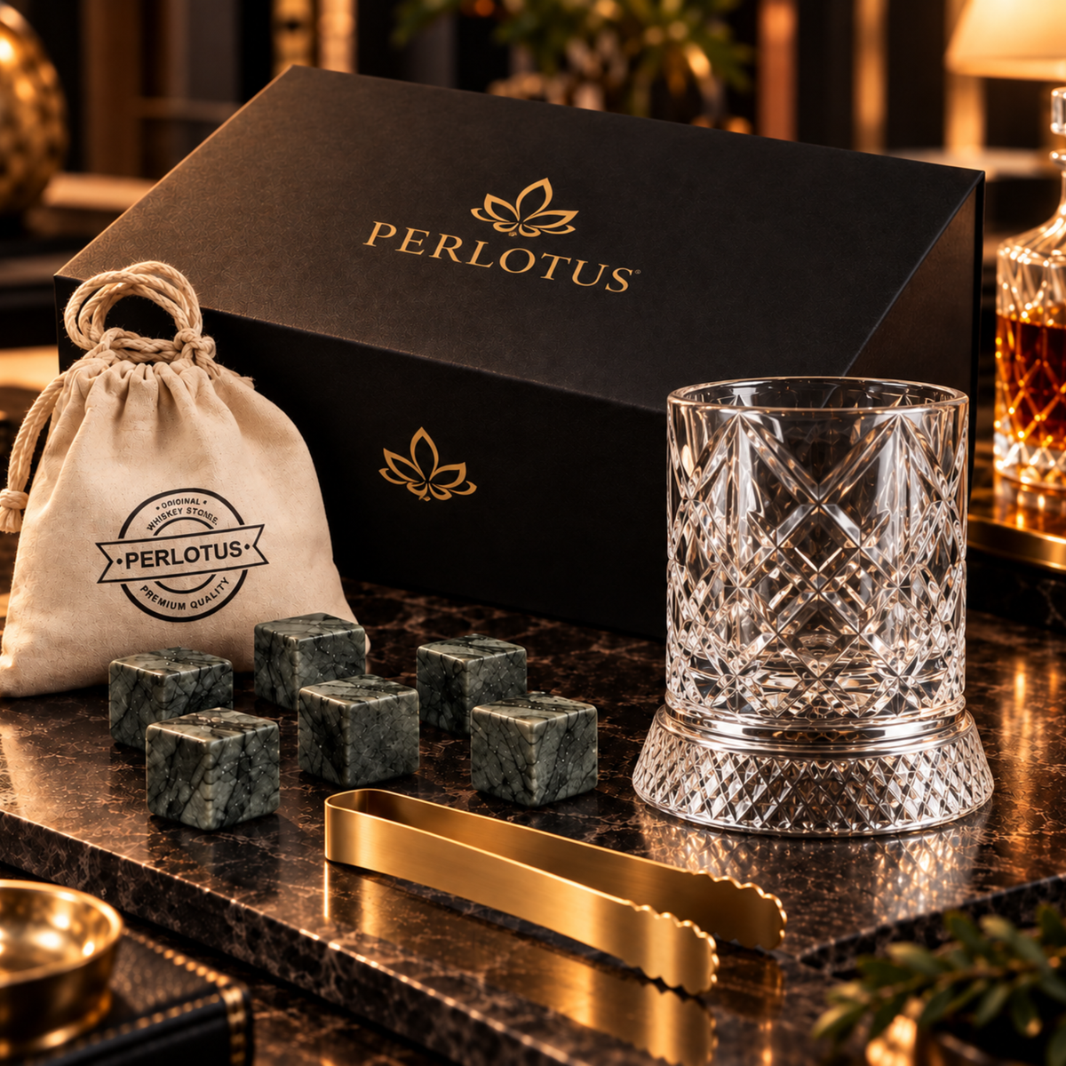 Perlotus 360° Dönen Viski Bardağı Hediye Seti Granit Viski Taşları, Gold Çelik Maşa, Kese Premium Kutulu
