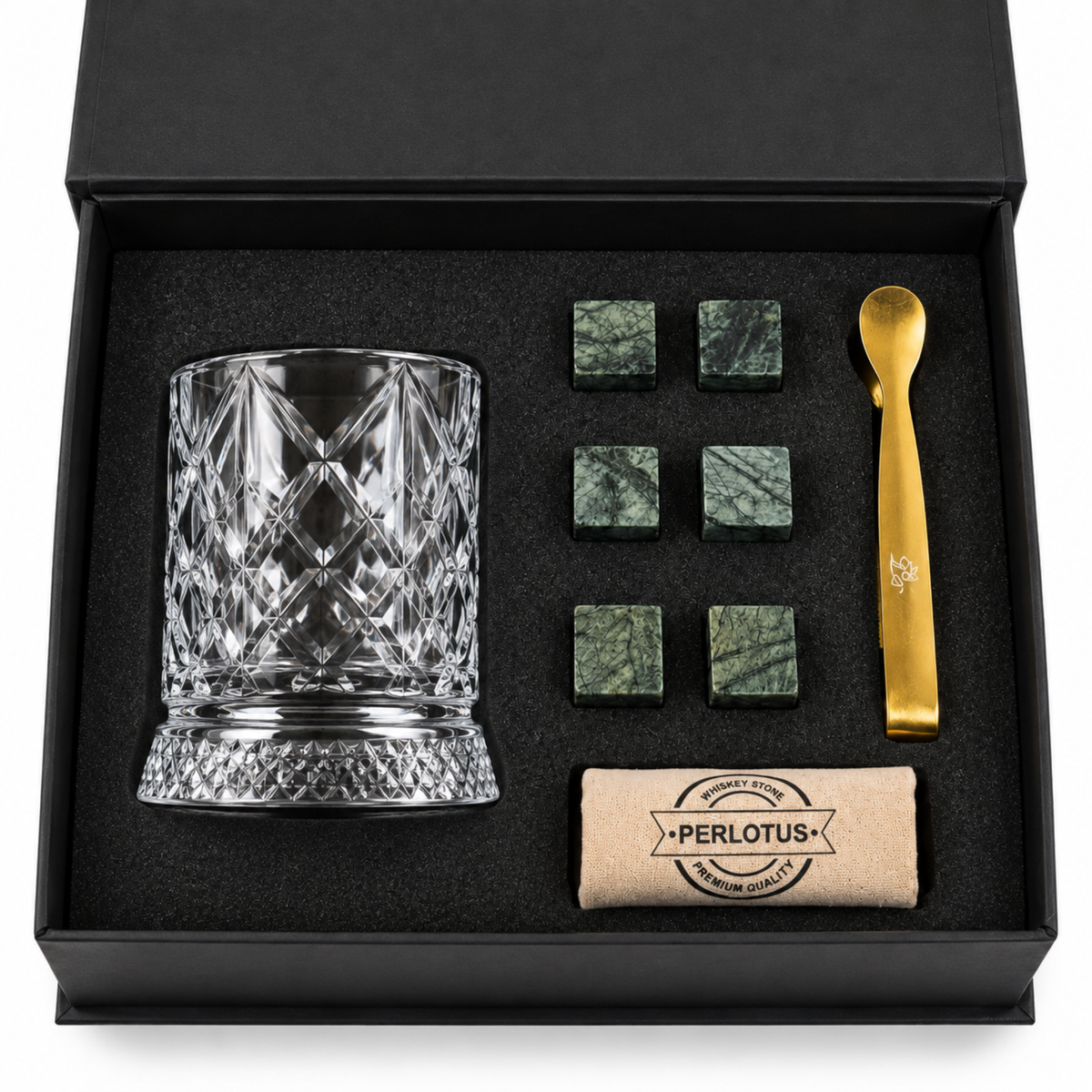 Perlotus 360° Dönen Viski Bardağı Hediye Seti Granit Viski Taşları, Gold Çelik Maşa, Kese Premium Kutulu