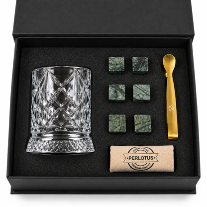 Perlotus 360° Dönen Viski Bardağı Hediye Seti Granit Viski Taşları, Gold Çelik Maşa, Kese Premium Kutulu