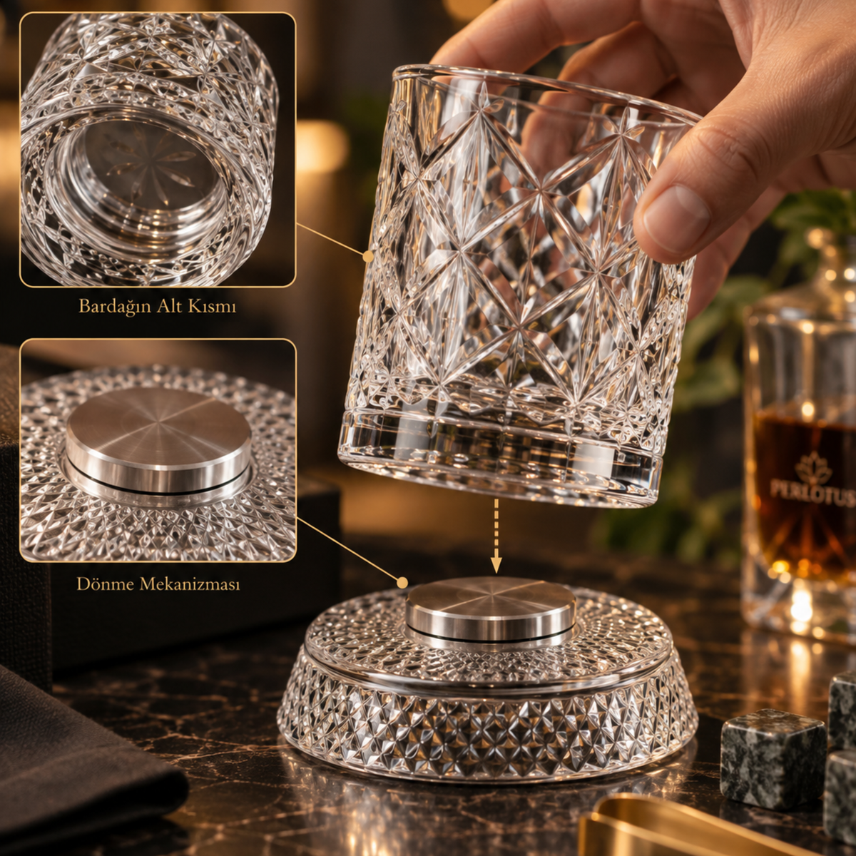 Perlotus 360° Dönen Viski Bardağı Hediye Seti Granit Viski Taşları, Gold Çelik Maşa, Kese Premium Kutulu