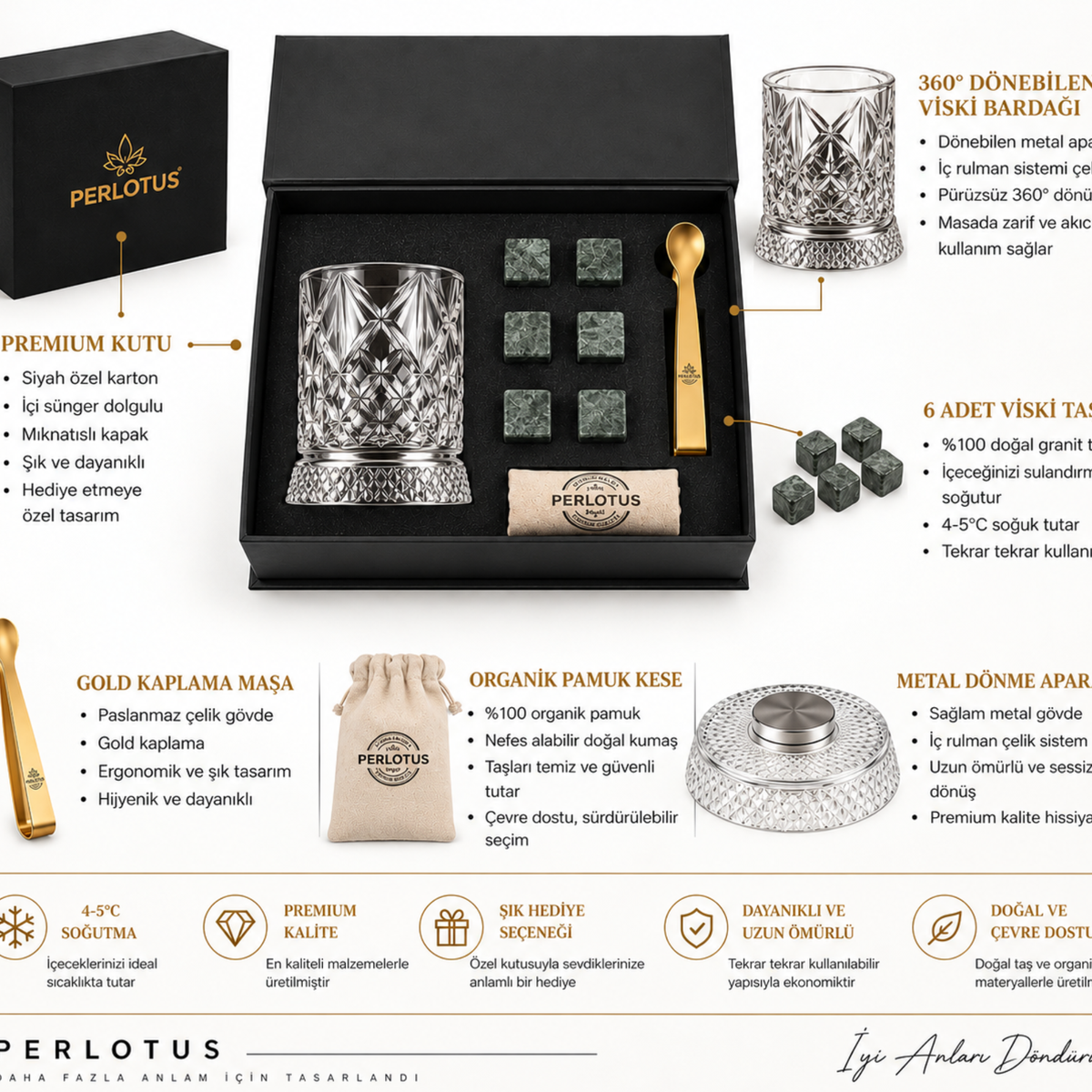 Perlotus 360° Dönen Viski Bardağı Hediye Seti Granit Viski Taşları, Gold Çelik Maşa, Kese Premium Kutulu