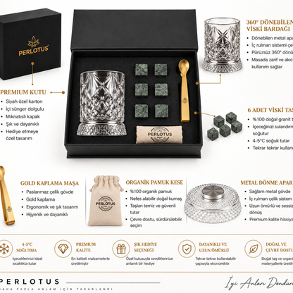 Perlotus 360° Dönen Viski Bardağı Hediye Seti Granit Viski Taşları, Gold Çelik Maşa, Kese Premium Kutulu