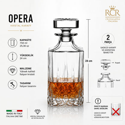 RCR Opera Luxion Kristal Viski Karafı 750 ml – Kapaklı İtalyan Tasarım Dekanter Şişe