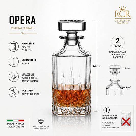 RCR Opera Luxion Kristal Viski Karafı 750 ml – Kapaklı İtalyan Tasarım Dekanter Şişe