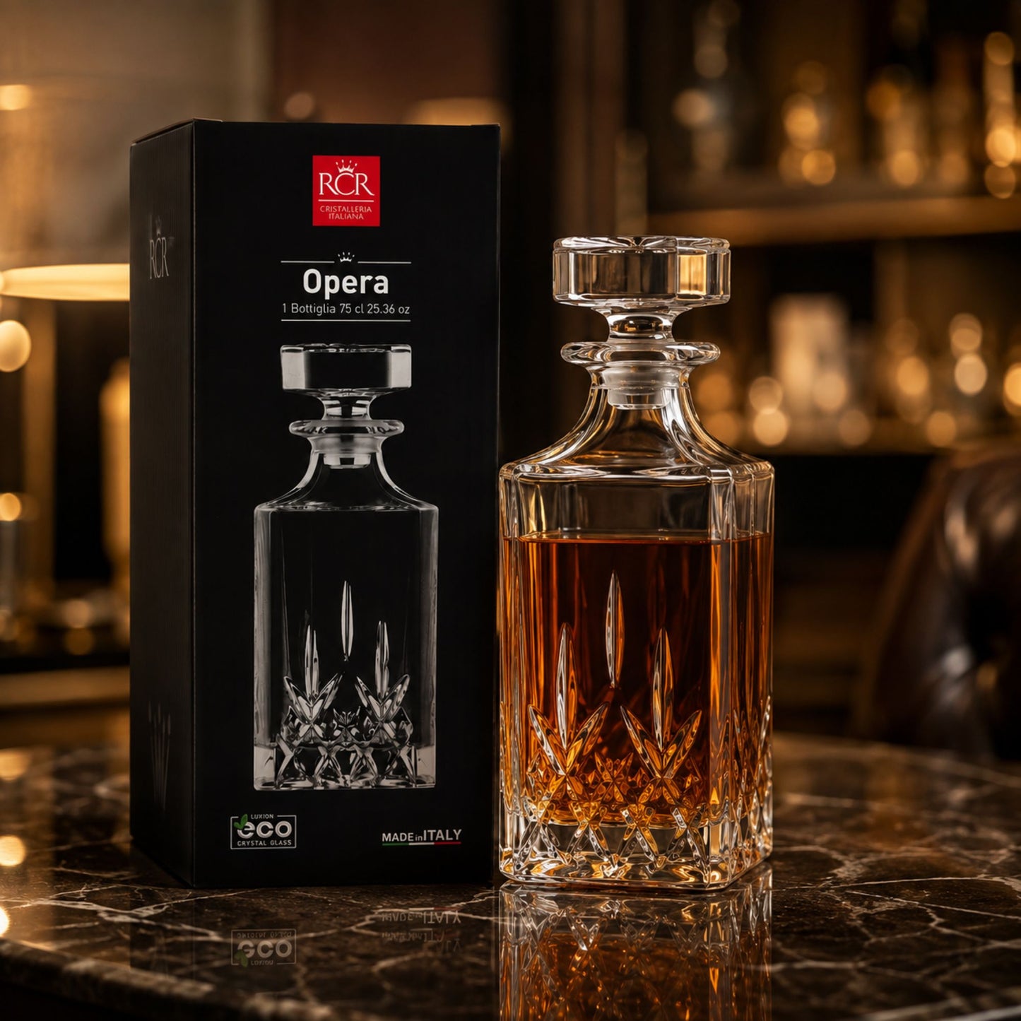 RCR Opera Luxion Kristal Viski Karafı 750 ml – Kapaklı İtalyan Tasarım Dekanter Şişe