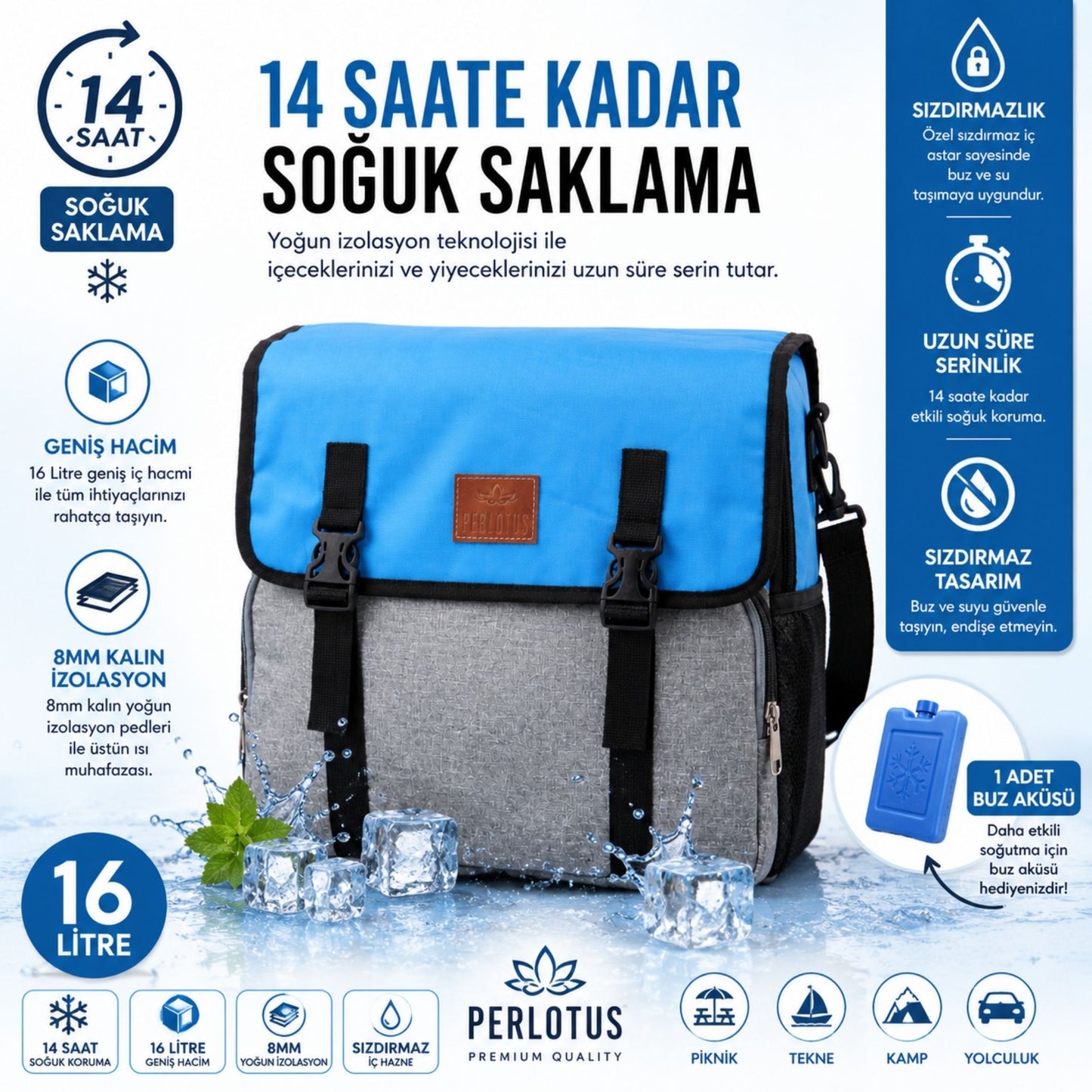 Perlotus 16 Litre Termal Yemek Taşıma Çantası Fit Beslenme Ofis İzolasyonlu Çanta ( Siyah Buz Aküsü Hediyeli)