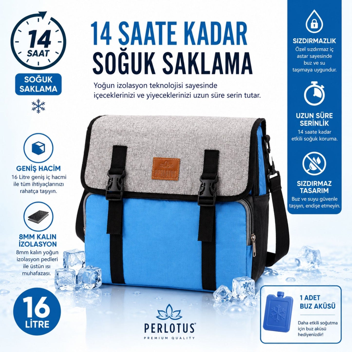 Perlotus 16 Litre Termal Yemek Taşıma Çantası Fit Beslenme Ofis İzolasyonlu Çanta ( Siyah Buz Aküsü Hediyeli)