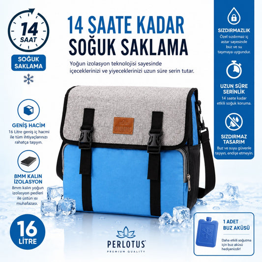 Perlotus 16 Lt Yalıtımlı Termos Piknik Kamp Çantası, Su Geçirmez, 8 mm Kalın Yalıtım 9-14 Saat Sıcak Soğuk Tutan Omuz Askılı Büyük Boy