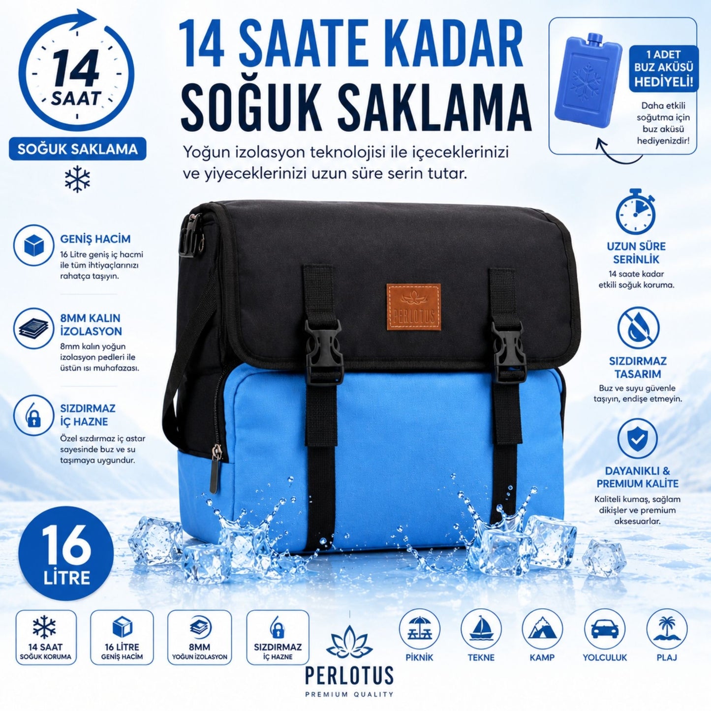 Perlotus 16 Litre Termal Yemek Taşıma Çantası Fit Beslenme Ofis İzolasyonlu Çanta ( Siyah Buz Aküsü Hediyeli)