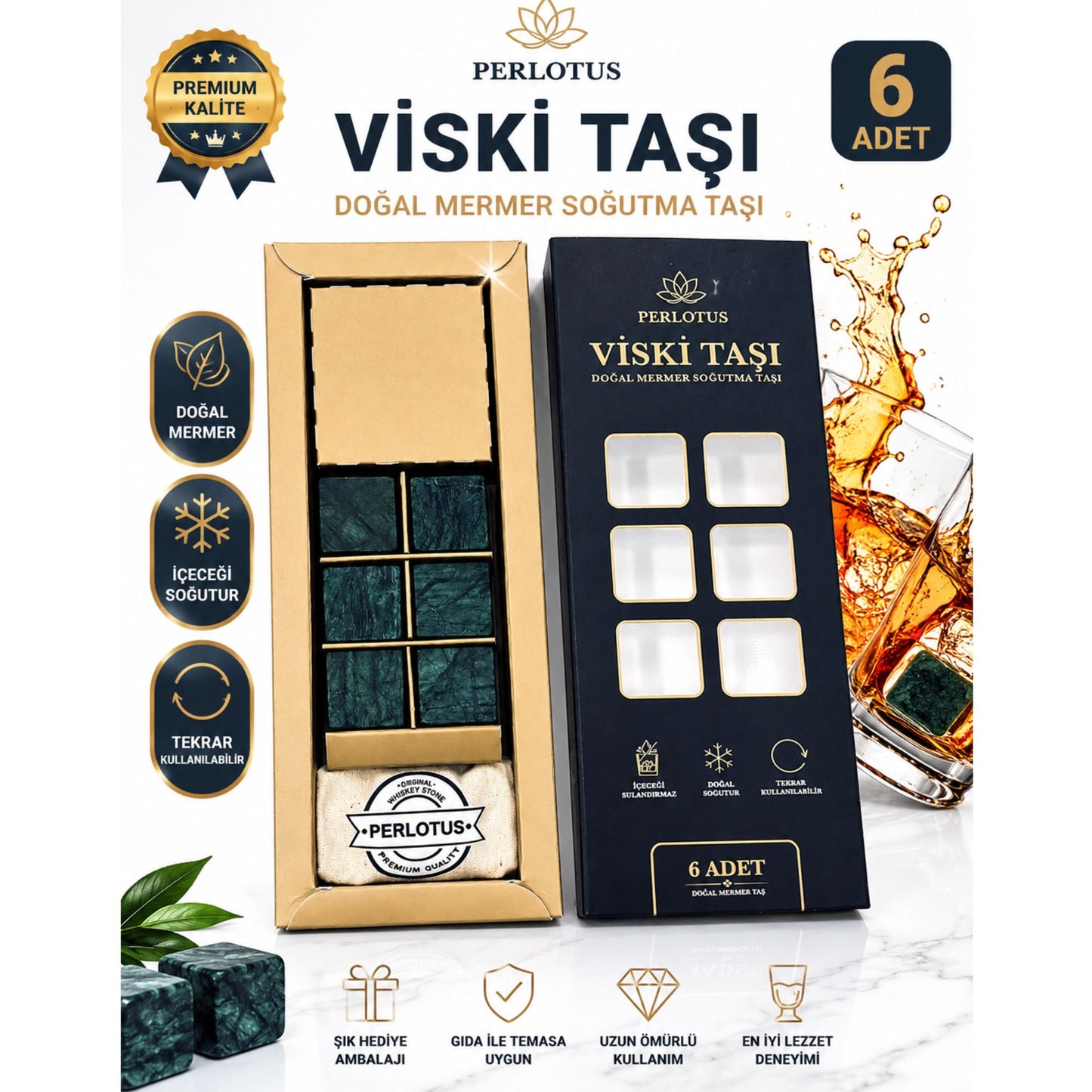 Perlotus 6’lı Mermer Viski İçki Soğutma Taşı